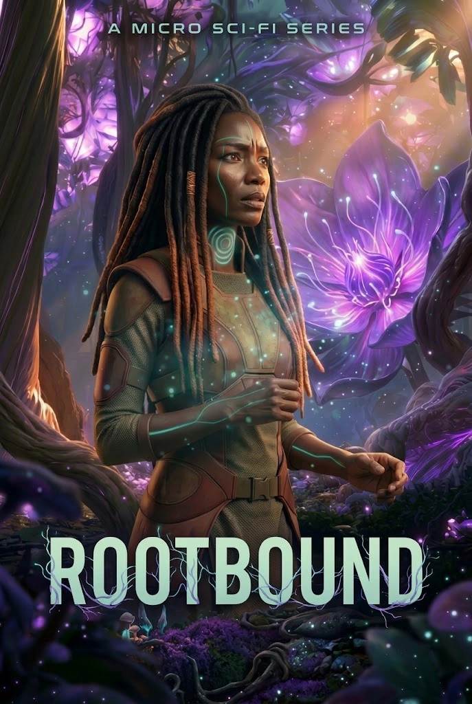 Rootbound artwork: Vaughna in a luminous science-fiction forest